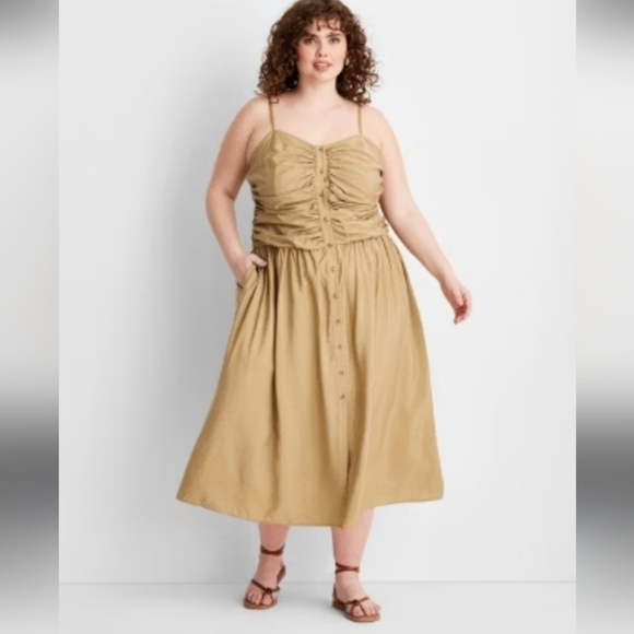 Target Tan Ruched Spaghetti Strap Maxi Dress - Picture 1 of 10